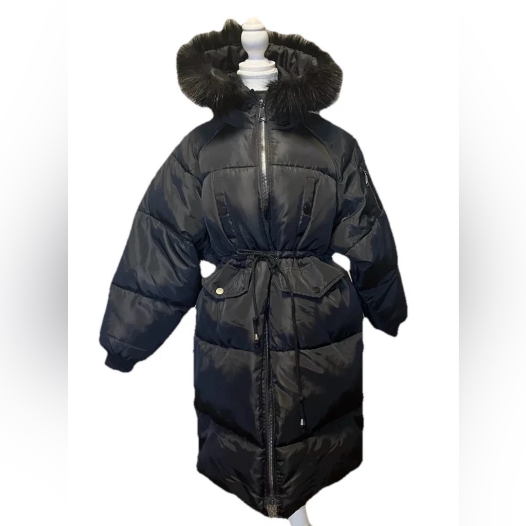 Bingxue Liren Black Puffer Coat Faux Fur Trim Hood Drawstring Waist Estim Size M